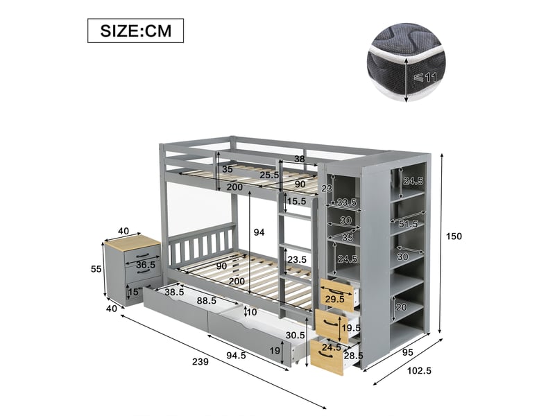  Lit superposé 90 × 200 cm 2 places avec 2 tiroirs, étagères et commode, sans matelas, en bois gris  - Conforama D