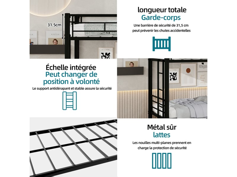  Lit superposé en métal 90×190 cm, avec garde-corps, conception limitant le bruit, échelle avec marches élargies  - Conforama D