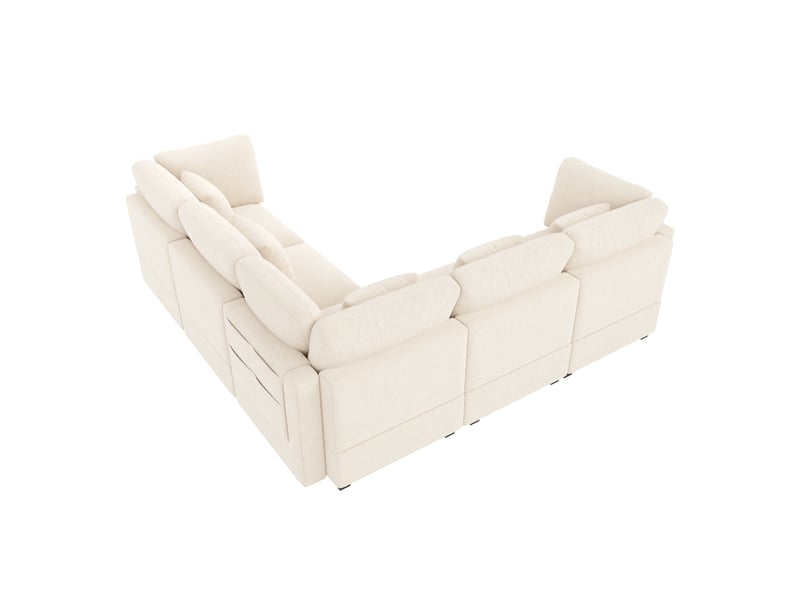  Canapé d'angle modulable 5 places en tissu chenille beige, 5 coussins, poches latérales, 226×226×81 cm  - Conforama R
