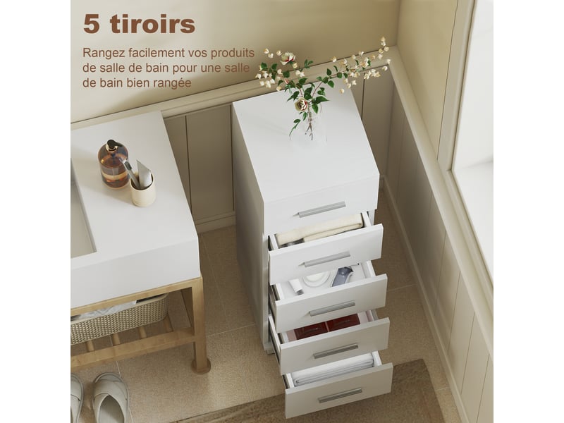  Meuble de salle de bain 5 tiroirs en panneau mélaminé blanc 30 x 30 x 95 cm  - Conforama D