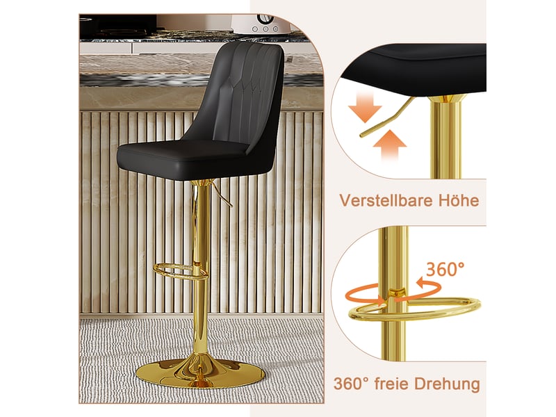  Lot de 2 tabourets de bar réglable en hauteur, cuir pu noir capitonné et pieds en métal doré  - Conforama W