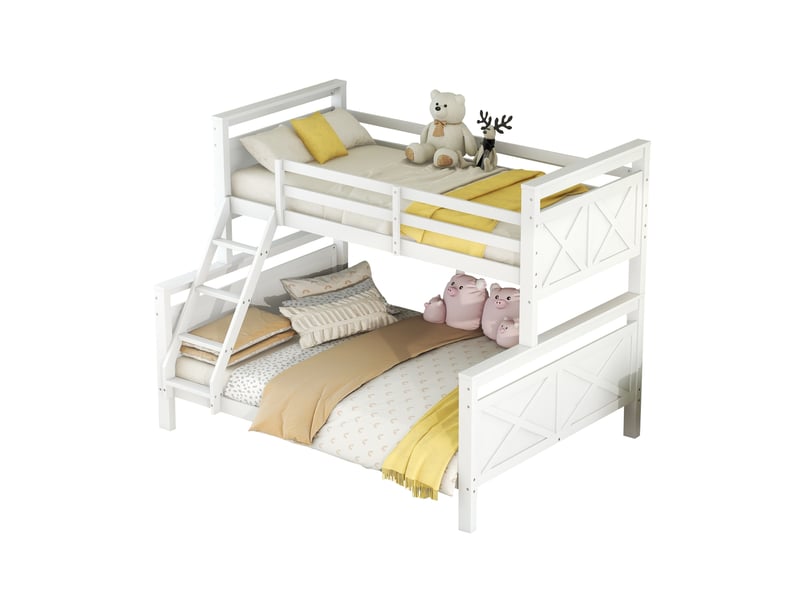  Lit superposé enfant 90×200 et 140×200 cm avec échelle et barrière  - sans matelas, bois - blanc  - Conforama A