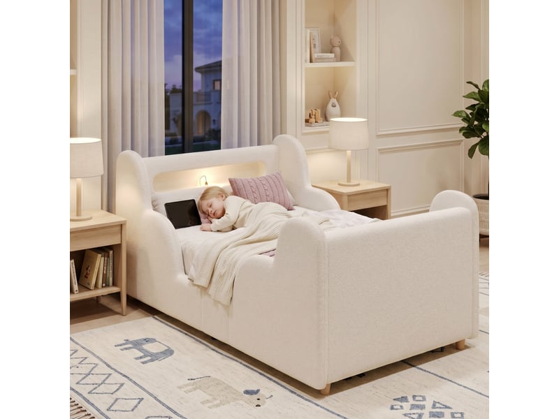 Lit simple 90x200 cm, lit enfant, barrière antichute, port usb, tissu bouclé beige, veilleuse - Conforama C