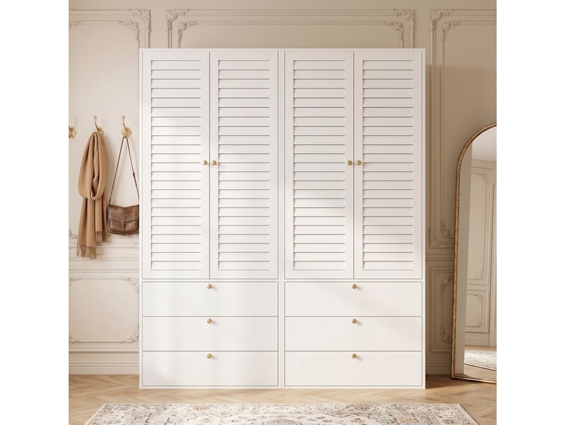 Armoire penderie 180 x 50 x 200 cm blanche en panneaux de particules, 4 portes, 6 tiroirs et 2 tringles  - Conforama B