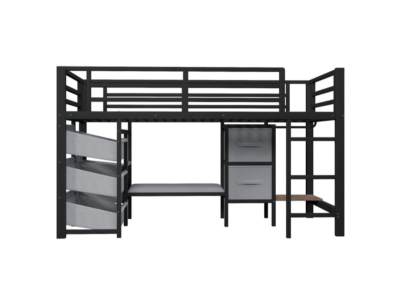  Lit mi-hauteur 90 x 200 cm, avec coussin d'assise, tiroir de rangement en tissu, poche de rangement en tissu, éclairage led multicolore, espace pour penderie, structure en métal, matelas non inclus, noir  - Conforama E
