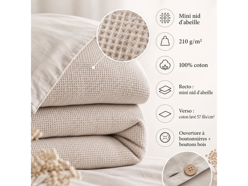 Housse de couette 260 x 240 cm 100% coton nid d’abeille uni olya ficelle 15062 - Conforama E