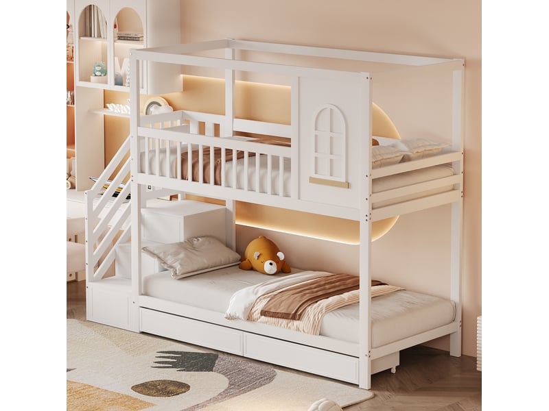  Lit superposé enfant 90x200 cm forme maison avec fenêtres, tiroirs et échelle de sécurité bois blanc sans matelas  - Conforama C