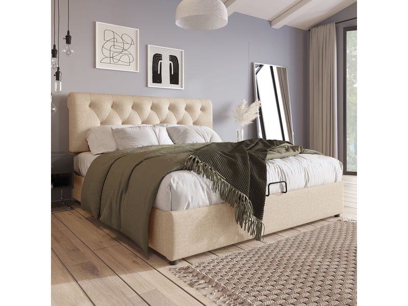 Lit coffre double 160×200 cm avec tête réglable et rangement - okmyhome- naturel, matelas inclus - Conforama C