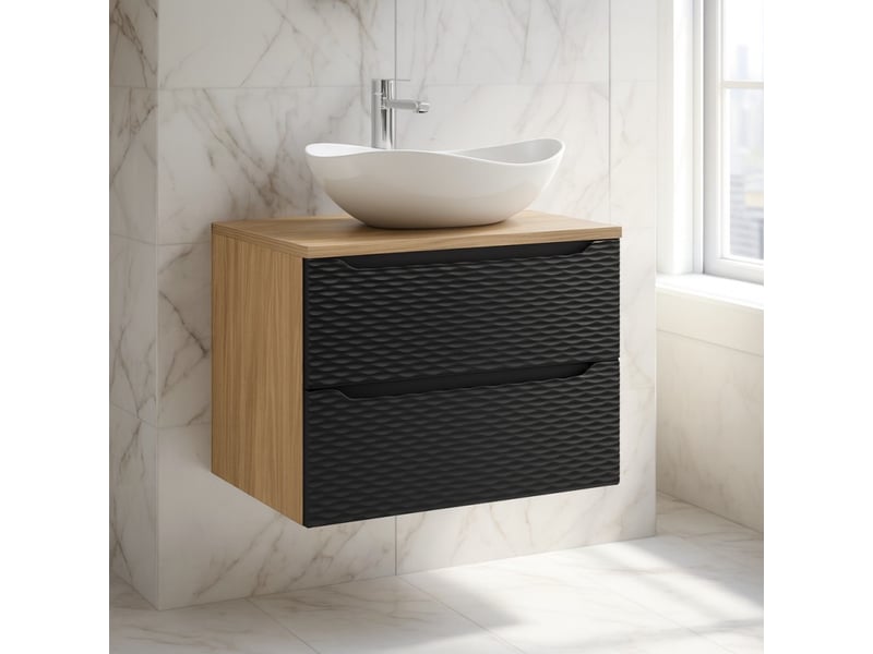  Ensemble de salle de bain yoka noir : meuble sous vasque à tiroirs 70 cm + plan pour vasque + vasque à poser  - Conforama B
