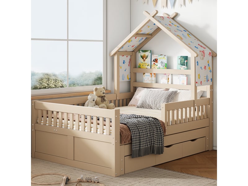  Lit cabane enfant, lit gigogne double 140x200 cm avec 3 tiroirs de rangement et barrières de sécurité, style montessori, crème  - Conforama C