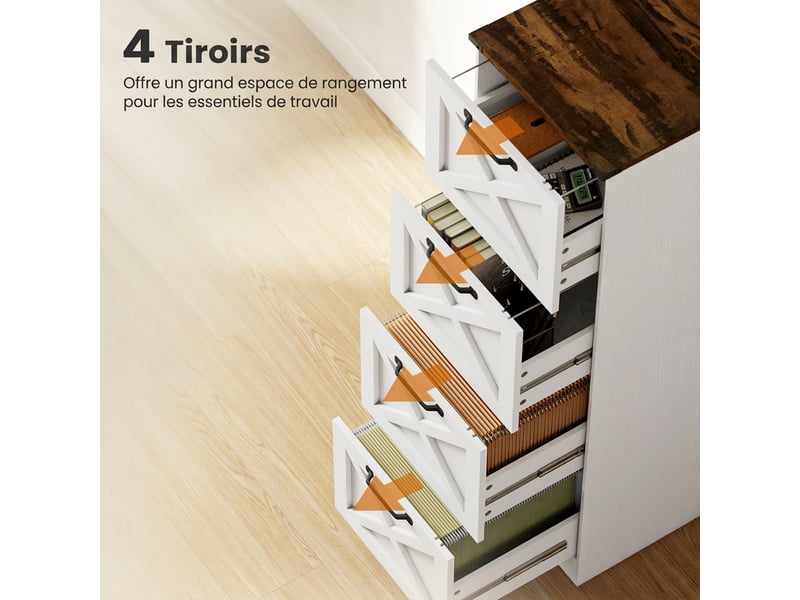  Caisson de bureau avec 4 tiroirs, dossiers suspendus pour formats lettrea4, style rustique, 40x40x131cm, blanc  - Conforama E