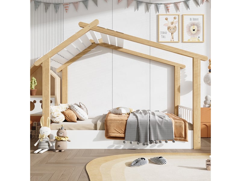  Lit cabane 90x200 cm, lit enfant pour chambre de garçon et fille style scandinave, en bois de pin massif et mdf, sommier à lattes, blanc et naturel  - Conforama C