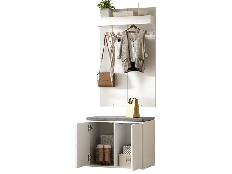 Vestiaire d'entrée 3 en 1 avec banc et meuble à chaussures, blanc, 60x35x145 cm  - Conforama A