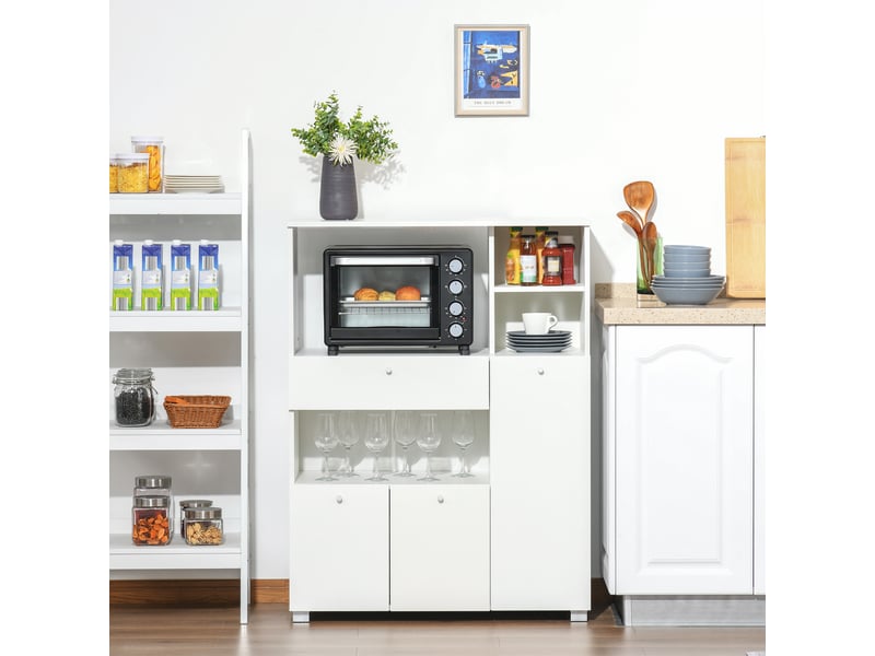  Meuble de cuisine avec micro-ondes et four, comprenant placards, étagères et tiroirs, garde-manger moderne en panneaux de particules, 90 x 40 x 120cm  - Conforama C