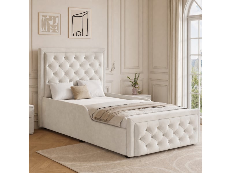  Lit coffre enfant ulevr 90 x 200 cm avec sommier à lattes et grand rangement, tête de lit capitonnée, velours beige  - Conforama E