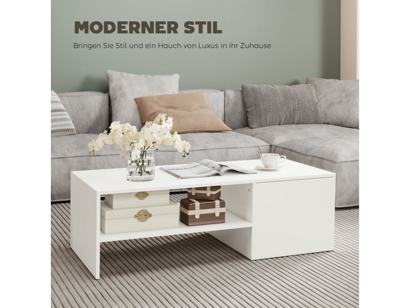  Table basse avec plateau coulissant, rangement caché et niche ouverte, finition mélaminée blanche pour le salon  - Conforama E