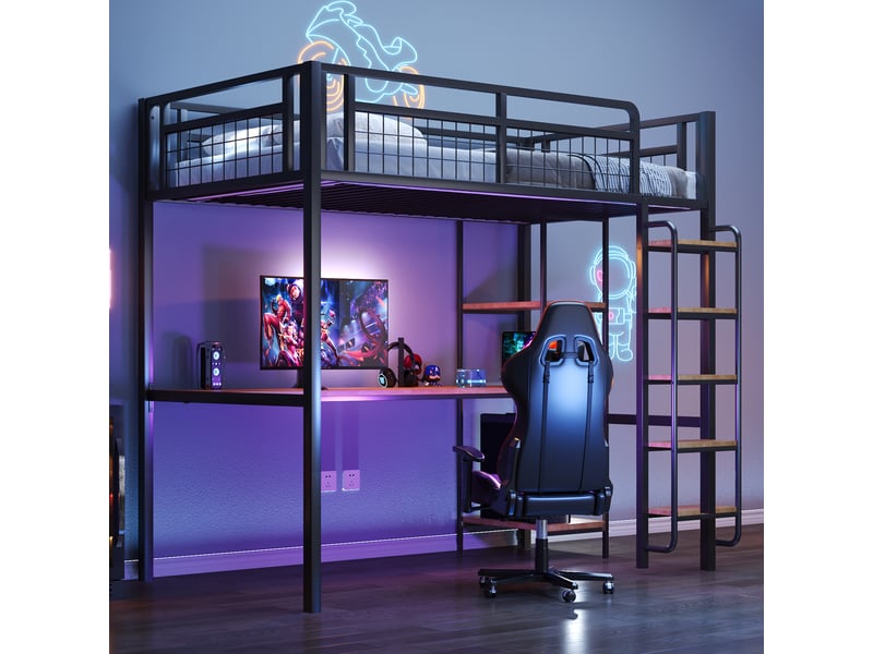  Lit mezzanine 90 x 200 cm avec bureau, étagères et échelle, métal, noir Fay Lum - Conforama D