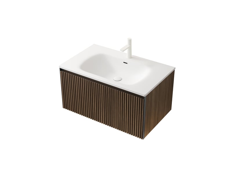 Meuble sous vasque avec 1 tiroir et vasque en résine, fermeture douce, salle de bain, 80×46×41,8 cm, chêne blanc - Conforama A