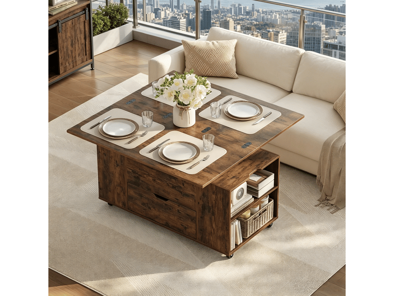 Table basse relevable et extensible à roulettes, bois et métal, brun rustique - Conforama C