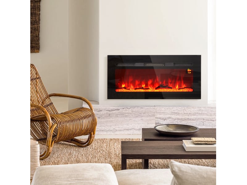  Cheminée électrique murale 91,4 x 15,8 x 45 cm noire en verre, 1800 w avec télécommande et minuterie  - Conforama B