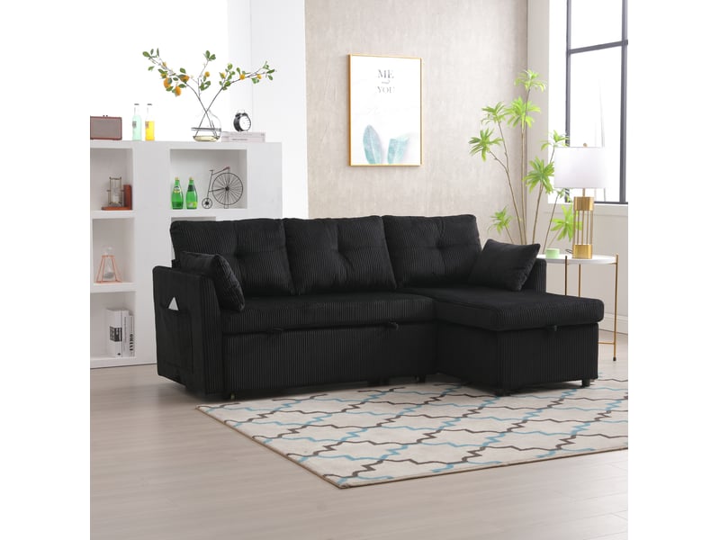  Canapé d'angle convertible modenvie 3 places modulaire avec coffre, chaise longue réversible, velours côtelé noir, 206 x 108 x 66 cm  - Conforama D
