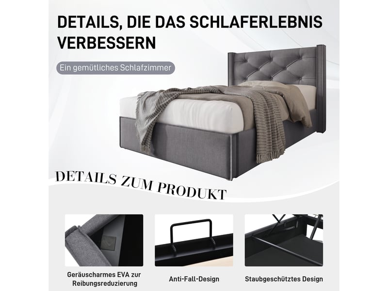  Lit coffre 90 x 200 cm, lit adulte avec rangement, rangement hydraulique, sommier à lattes inclus, tête de lit, coton, gris Morn Vibe - Conforama E