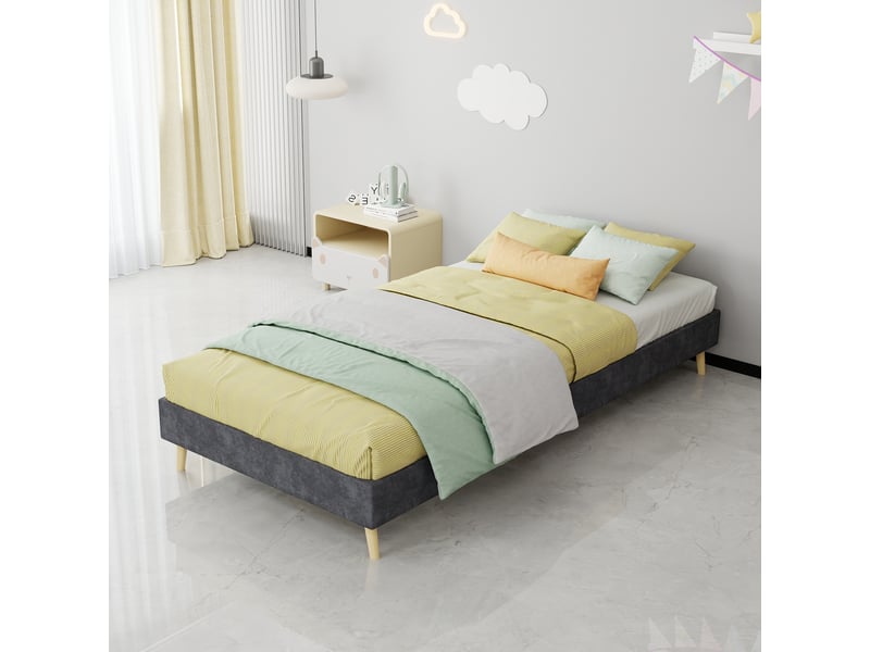  Cadre de lit 90x200 cm gris en velours hollandais - structure solide sans tête de lit  - Conforama B