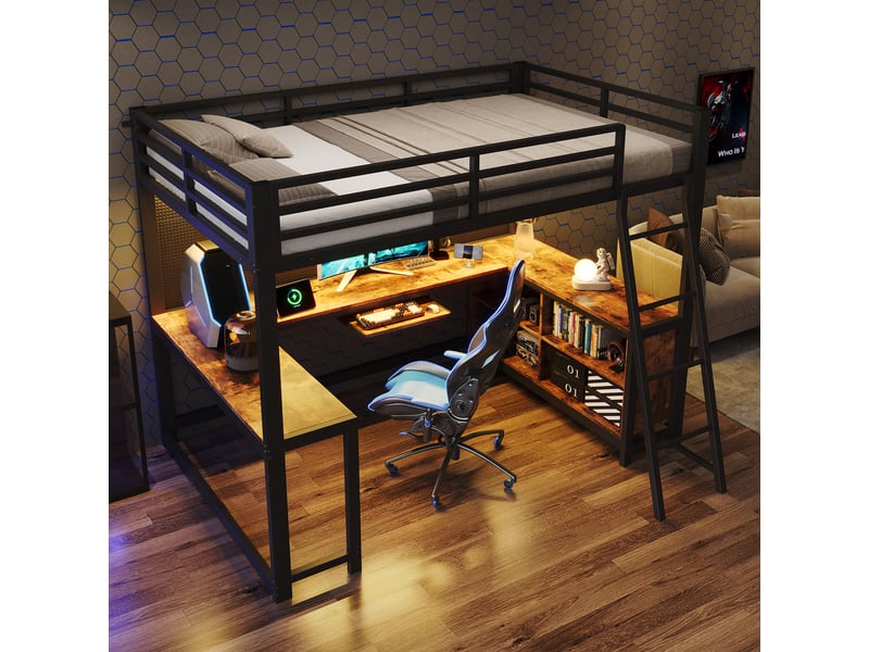  Lit mezzanine gaming 120x200cm avec bureau sur 3 côtés, rangements, tablette clavier, éclairage led et prise eu, métal, noir et effet bois evarich - Conforama E