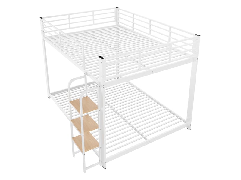  Lit superposé enfant 140x200 cm avec sommier à lattes et marches larges, garde-corps, en mdf et métal, couleur blanc  - Conforama A