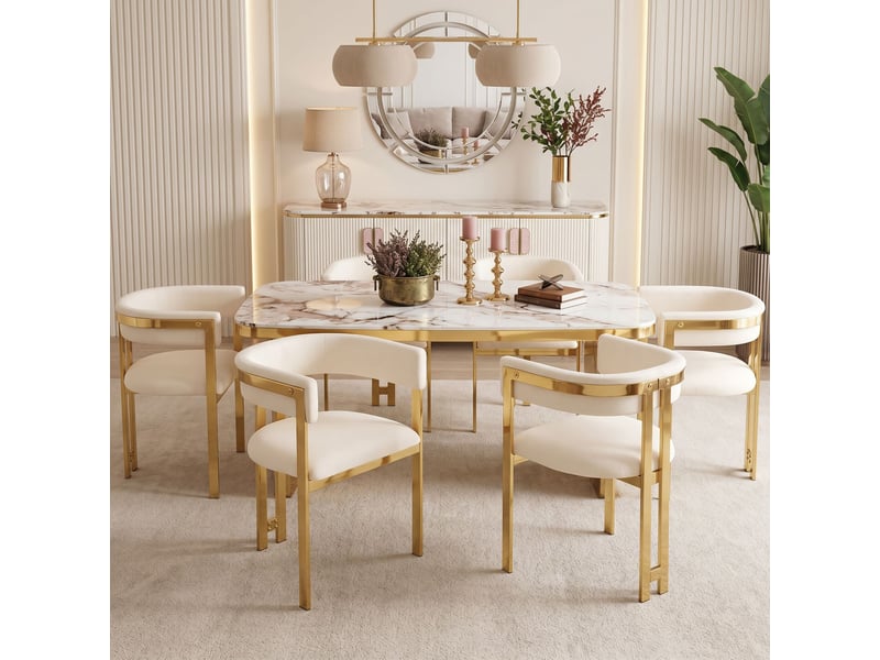  Chaises de salle à manger lot de 6 dossier semi-circulaire  - piètement métal chenille beige et or  - Conforama C