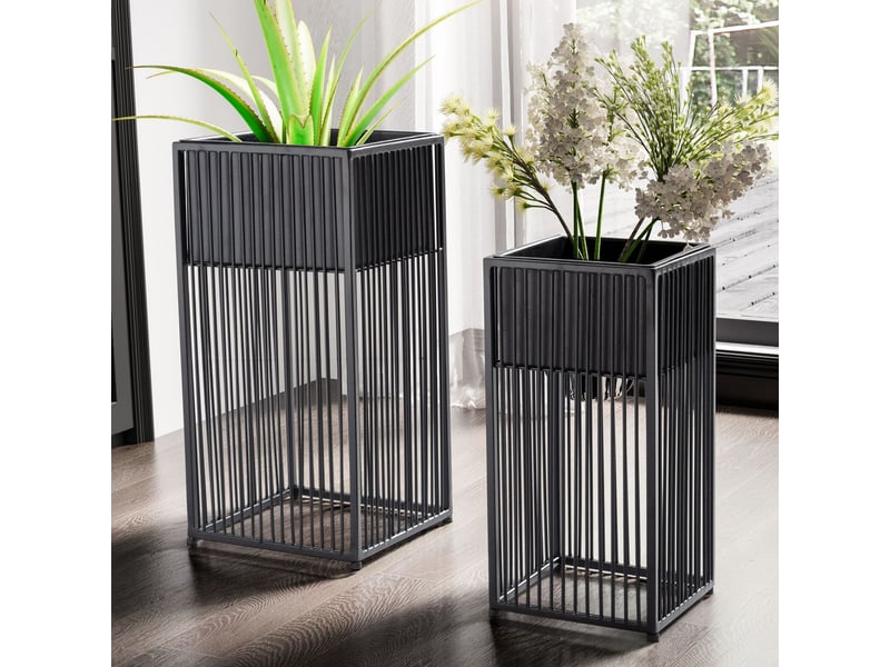  Lot de 2 cache-pots carrés sur pied 25 et 20 cm en fer noir  - Conforama B