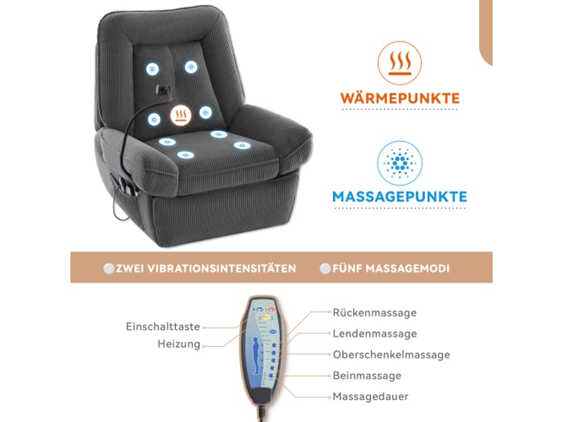 Fauteuil électrique - fauteuil de massage chauffage - inclinable - pivotant à 360° - avec port usb - gris - Conforama D