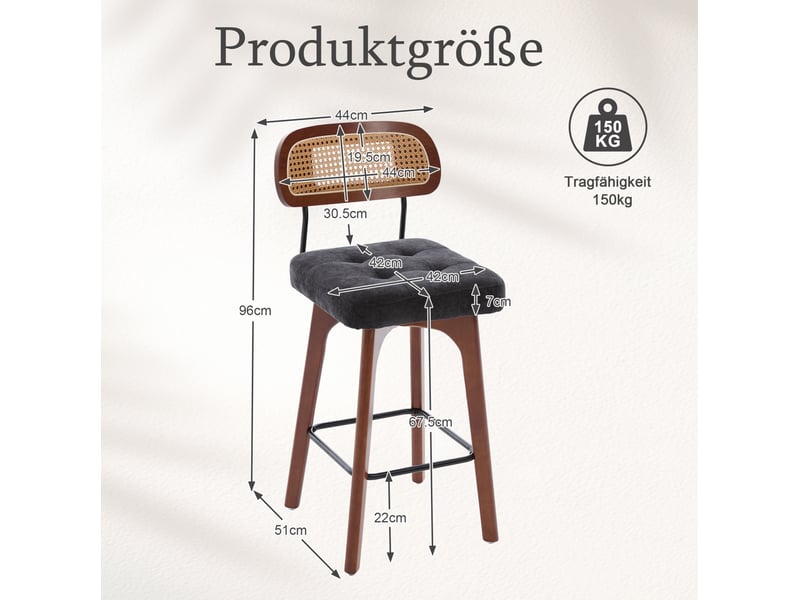 Tabouret de bar lot de 2 pivotant à 360° avec dossier en rotin, assise rembourrée et repose-pieds en chenille noir - Conforama C