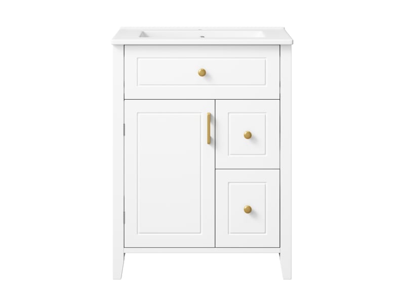 Meuble vasque salle de bain blanc 61 cm avec lavabo céramique, poignées dorées et tiroirs - Conforama A