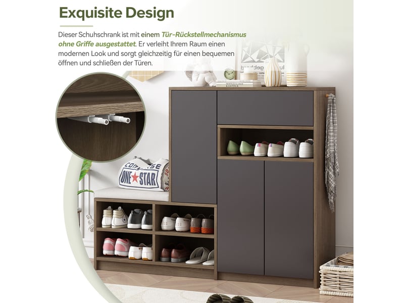  Meuble à chaussures avec banc rembourré 140x35x110 cm - avec étagères ajustables, 1 tiroir et niche - mdf - noir et bois  - Conforama E