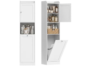 Armoire de salle de bain haute avec panier rabattable et étagères, 40 x 30 x 170 cm, blanche