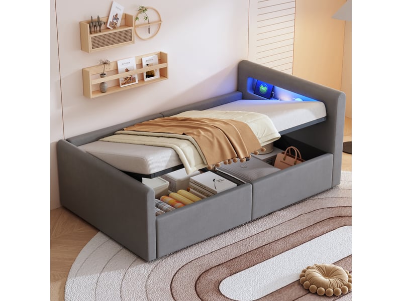  Lit coffre enfant 90x200 cm, led, port usb, espace de rangement, sommier, velours gris clair, sans matelas  - Conforama W