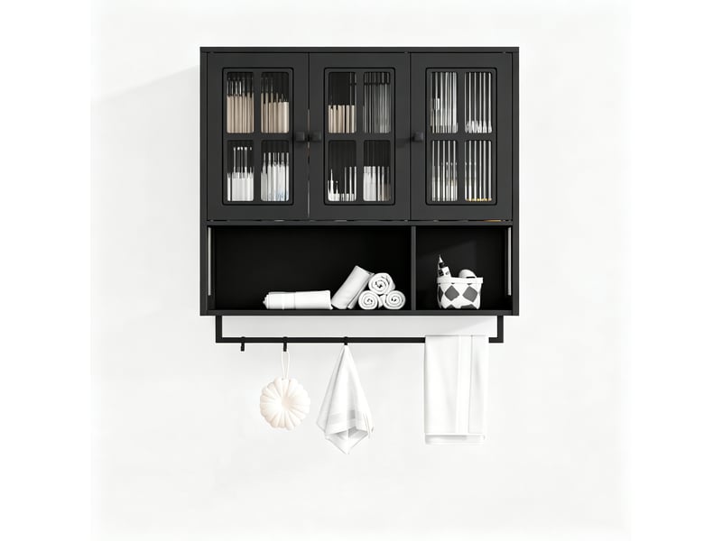  Armoire murale modèle bath 3 portes, noir, bois, rangement ouvert caché, porte vitrée, barre serviette  - Conforama B