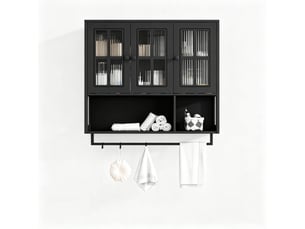Armoire murale modèle bath 3 portes, noir, bois, rangement ouvert caché, porte vitrée, barre serviette