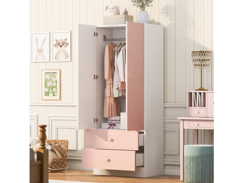 Armoire 2 portes et 2 tiroirs 70x40x170 cm, rose et blanc  - Conforama B