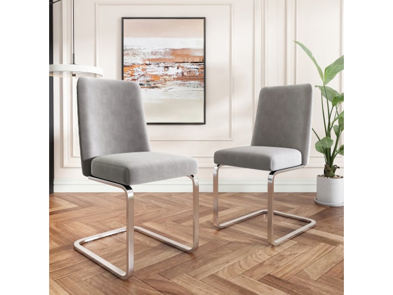  Chaise velours gris – lot de 6 – luxe pour salle à manger et salon – dos à motif diamant – pieds métal argenté  - Conforama E