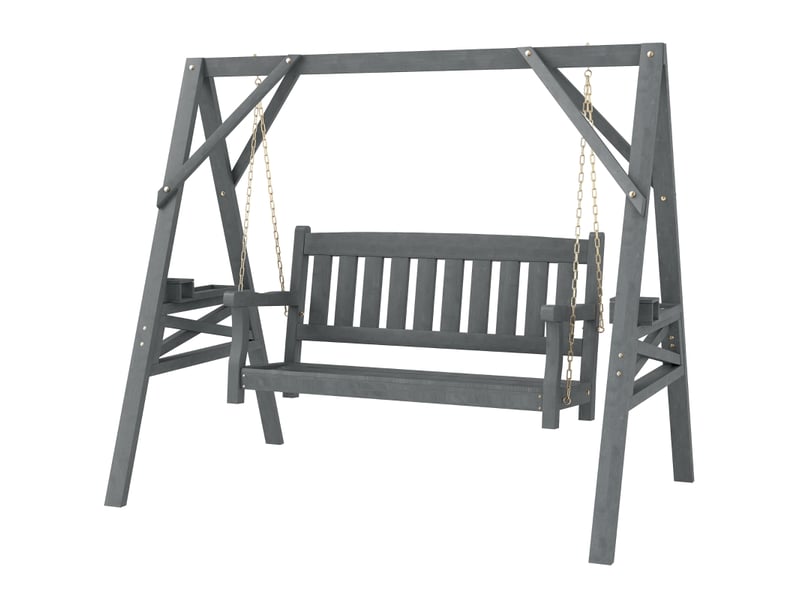 Balançoire de jardin 2 places, banc-balançoire en bois avec étagères, porte-gobelets et chaînes métalliques, grise - Conforama B