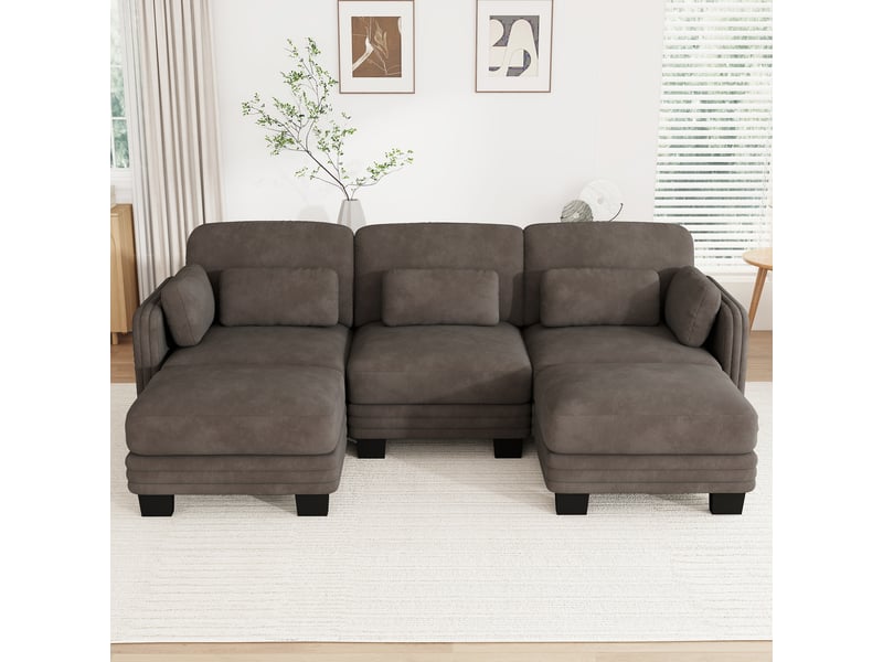 Canapé modulaire en u 3 places 253x143x88 cm, 2 poufs, design ergonomique, style moderne minimaliste chenille marron - Conforama B