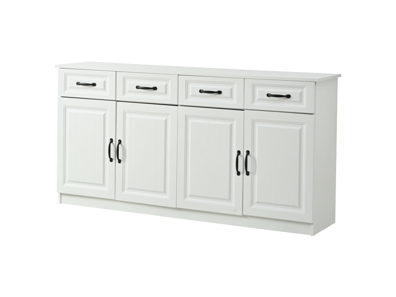  Buffet blanc 160 cm en mdf à façade rainurée, avec 4 tiroirs, 4 portes, étagères réglables et poignées métalliques noires  - Conforama A