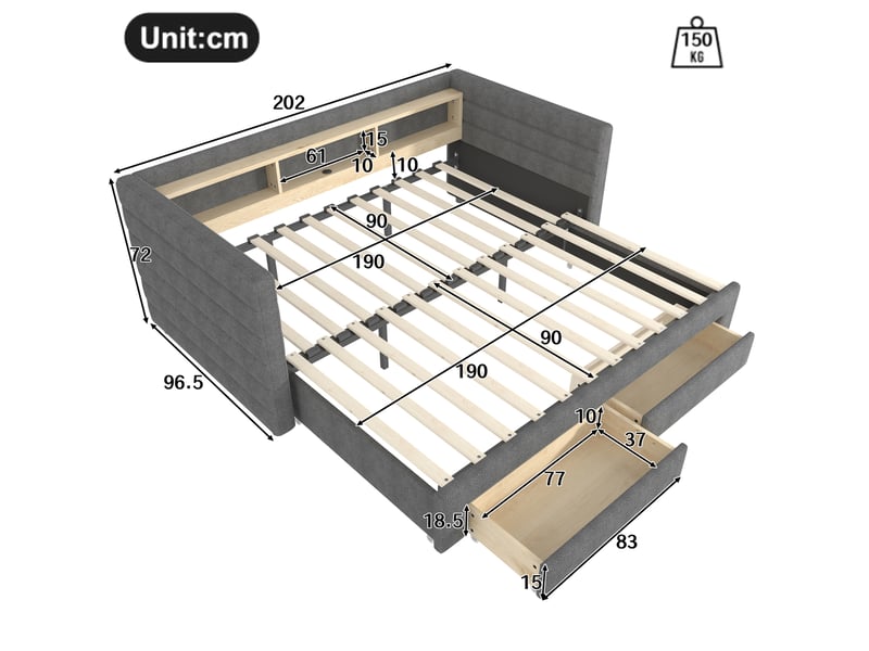 Lit enfant gigogne 90x190 cm avec led, 2 tiroirs, style minimaliste, ports usb type-c velours gris sans matelas - Conforama C