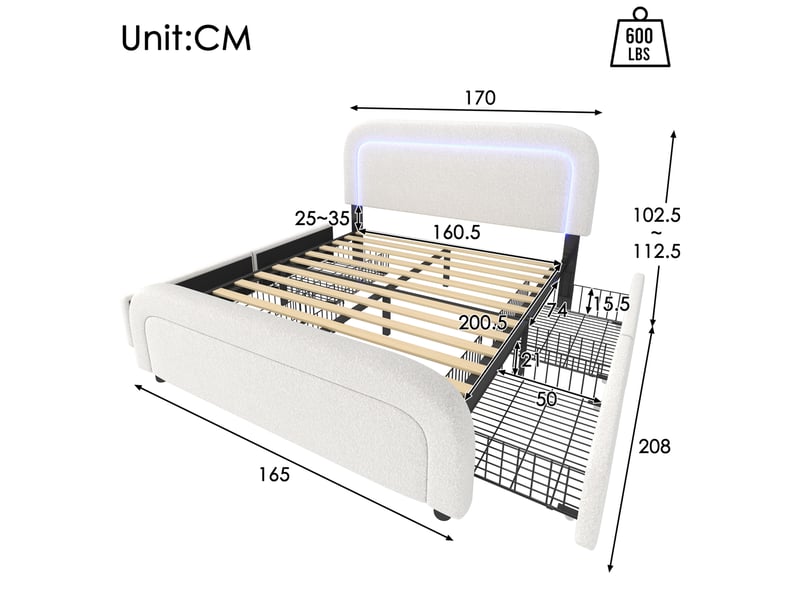 Lit 2 places 160x200 cm – blanc – led, usbtype-c, 4 tiroirs et tête de lit réglable – sans matelas - Conforama C