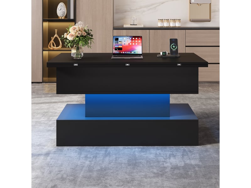 Table basse relevable 3 en 1 avec led et prise usb - rangement caché 100x50 cm noir - Conforama W