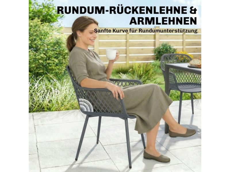  Lot de 4 chaises de jardin en plastique gris foncé, uv résistantes, avec accoudoirs, 56x51x84 cm  - Conforama B