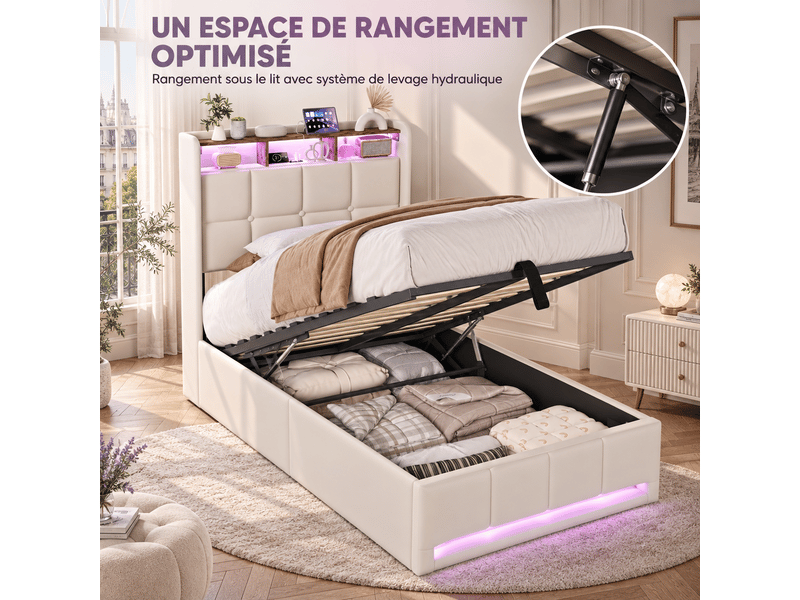  Lit simple 90 x 200 cm avec rangement hydraulique, lit 1 place avec led et ports usb-c, lit capitonné avec sommier à lattes, lin, beige  - Conforama W