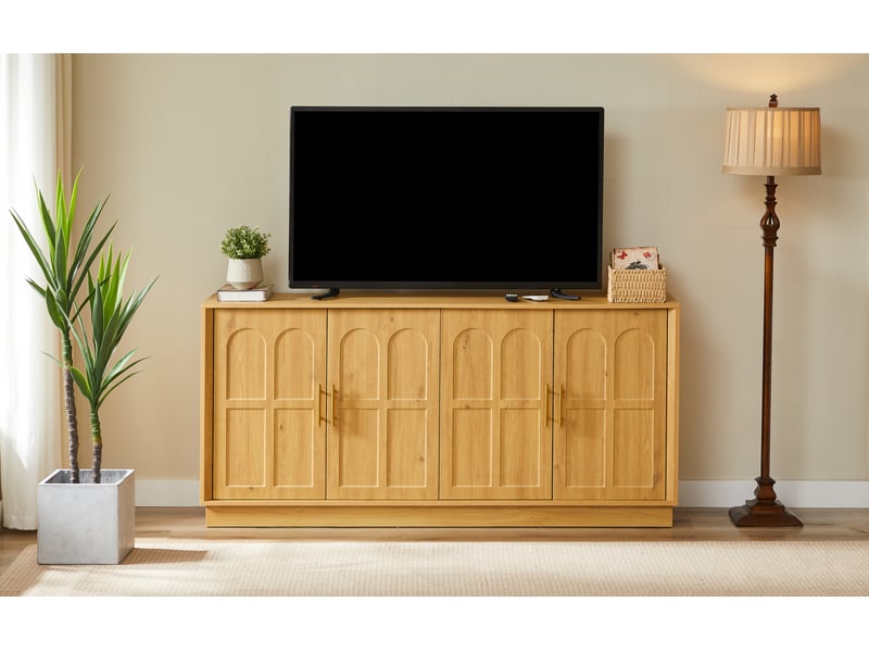 Buffet 169x40x80 cm à portes incurvées et étagères réglables en mdf coloris naturel  - Conforama D